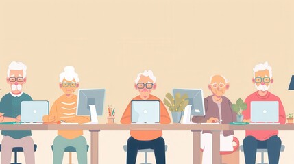 Aufkleber - A group of elderly individuals engaged in computer courses, using laptops and desktops to improve their technology skills. Generative AI