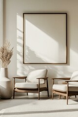 Two armchairs in room with white wall and big frame poster on it. Scandinavian style interior design of modern living room. Created with generative AI