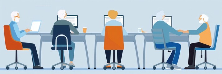 Aufkleber - A group of senior citizens participate in a computer course, learning to use laptops and desktop computers in a local community center. Generative AI