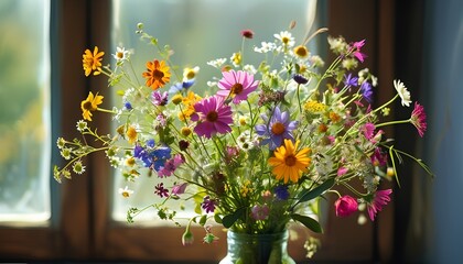 Colorful Wildflower Bouquet by Sunny Window