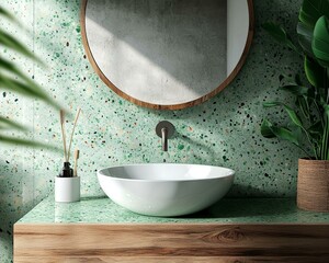 White ceramic round vessel sink on green terrazzo counter. Wooden vanity mounted on terrazzo tile wall with round mirror. Minimalist interior design of modern bathroom.White ceramic round vessel sink 