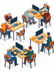 Poster - a group of seniors actively learns computer skills, focused on their laptops and desktops in a suppo