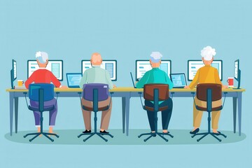 Poster - a group of older adults is actively participating in computer courses, learning to use laptops and d