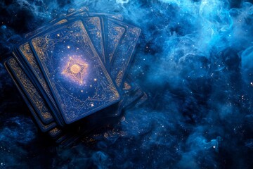 A mystical spread of tarot cards on a deep blue background with celestial symbols, like stars and planets