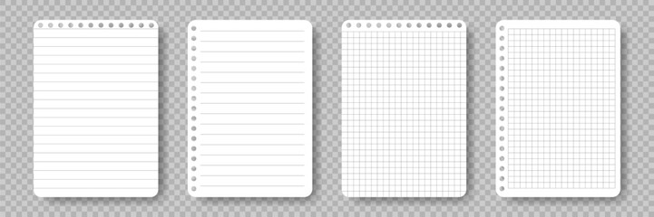 Poster - Set of Paper sheets from notepad. School copybook page with lines grid. Realistic White sheet template. Notebook for education. Blank notepaper with shadow isolated. Element for design