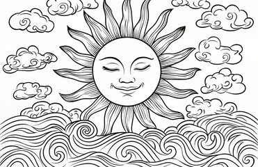 coloring page with sun, clouds, and ocean waves.