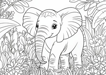 Freehand sketch of stylized elephant among palm tree leaves for adult coloring book page with doodles and zentangles.