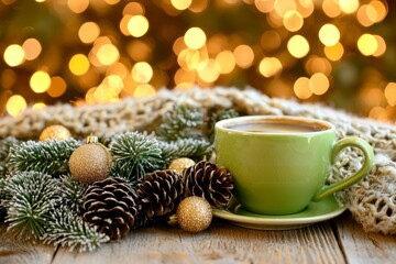 In the background there are candles and decorations. A coffee cup is on top of bokeh Christmas lights in a home on a wooden table with a sweater on the background.