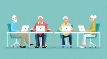 Poster - A group of elderly individuals engages in a computer course, focusing on digital skills using laptops at a community center. Generative AI