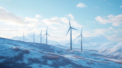 A group of wind turbines are on a snowy hill