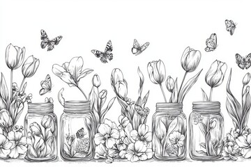 A stress-relieving coloring activity for kids and adults. Butterflies surround tulips in water bottles.