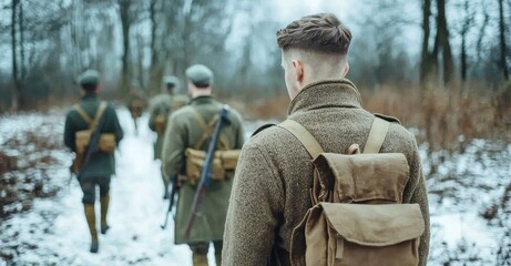 Soldiers of World War II. Re-enactors dressed as American Infantry soldiers marching through forest roads on a cold winter day. Group of Americans marching through the country. Soldiers of World War