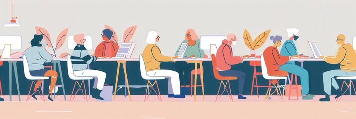Aufkleber - A group of elderly participants is focused on their computer classes, learning to navigate technology and enhance their digital skills. Generative AI