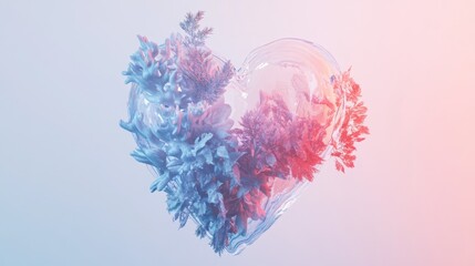 Wall Mural - Glass transparent Y2K retro futurism heart. Shape of a heart and plants, glare, light and sparkles. Glossy holographic chrome futuristic decoration element.