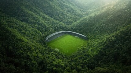 A stunning aerial view of a soccer stadium nestled in a lush green forest, highlighting nature's beauty and sports together.