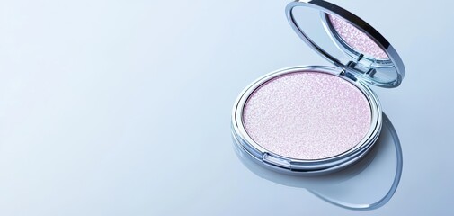 Shimmering highlighter compact with a mirror reflecting the white background, product slightly dusted on the surface