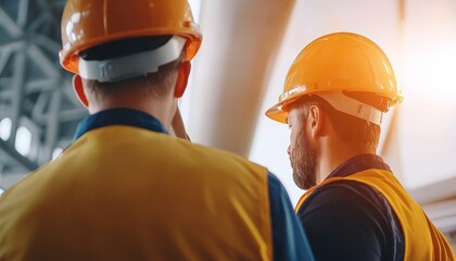 Engineers in hard hats inspecting large wind turbine blades inside a specialized manufacturing plant