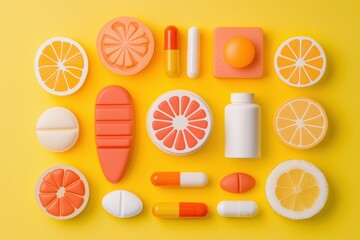 Colorful arrangement of orange-themed items, including fruit slices and capsules, on a vibrant yellow background.