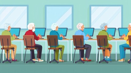 Aufkleber - A group of senior citizens actively participates in computer courses, using laptops and desktops to enhance their digital skills. Generative AI