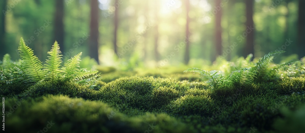 Lush green ferns and moss create a serene forest pathway under soft ...