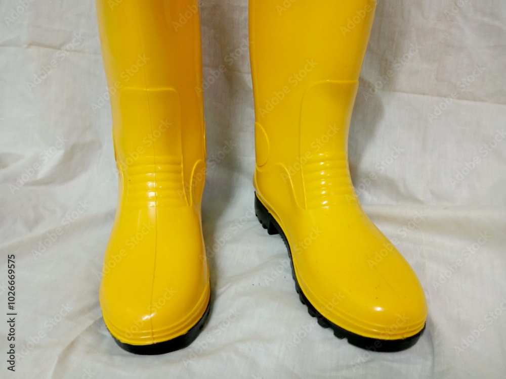 Pair of yellow rubber boots isolated on white background. Studio shot ...