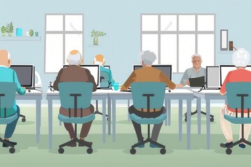 Poster - A group of elderly learners participates in computer courses, focusing on using laptops and desktop computers in a supportive environment. Generative AI