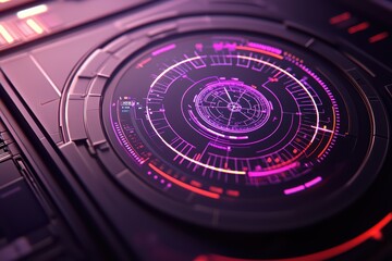 Futuristic user interface design with glowing elements, digital dashboard with vibrant colors on a dark background.