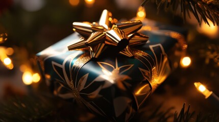 Wall Mural - A close-up of a gift box wrapped in festive paper with a bright bow, placed under the Christmas tree