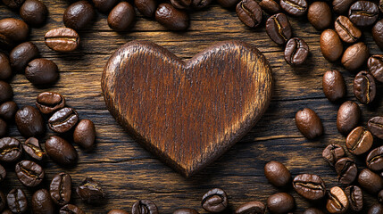 Mockup fresh roasted Arabian or aroma coffee beans on shape of heart. Organic coffee concept background. Top view, flat lay backdorp with copy space