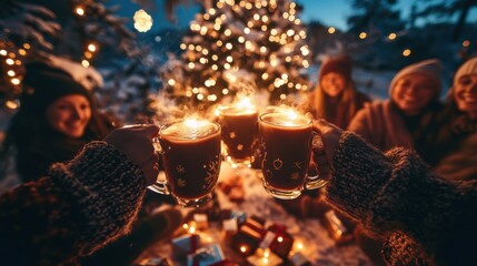 Wall Mural - A group of friends and family toasting with hot cocoa while sitting around the Christmas tree with gifts at their feet 