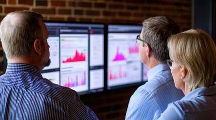 Poster - Professionals analyzing data on screens in a modern office environment.