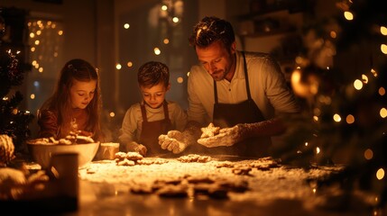 Wall Mural - Parents and kids baking Christmas cookies together in a festive kitchen, with flour and decorations spread across the counter