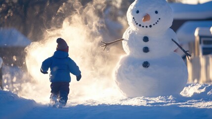 Wall Mural - A child running through a snow-covered yard toward a large snowman they just finished building with their family