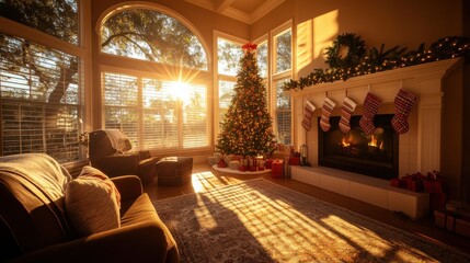Wall Mural - A cozy living room with a Christmas tree in the corner, stockings hung by the fireplace, and gifts waiting to be opened