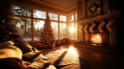 Wall Mural - A cozy living room with a Christmas tree in the corner, stockings hung by the fireplace, and gifts waiting to be opened