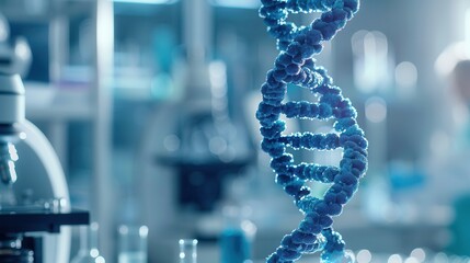 Fototapete - A striking DNA strand is highlighted against a blurred background of a laboratory, emphasizing cutting-edge genetic research. Generative AI
