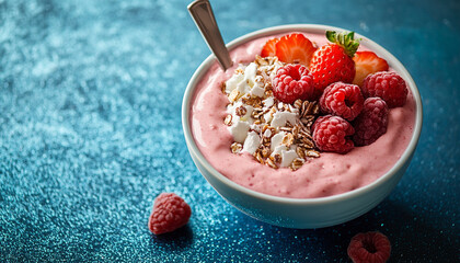 Vibrant Smoothie Bowl with Spoon on Blue Background