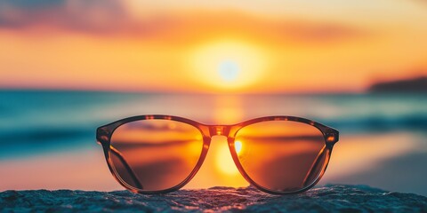 a pair of sunglasses rests on a rock as the sun sets over the ocean.