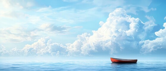  A red boat floats on a large, cloudy body of water with white, puffy clouds in the blue sky