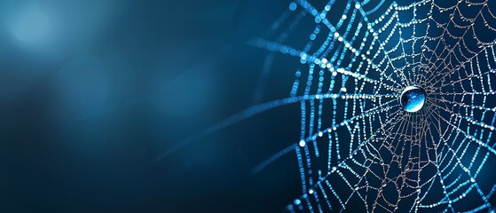  A macro shot of a spider web with dewdrops at its core against a dark blue backdrop