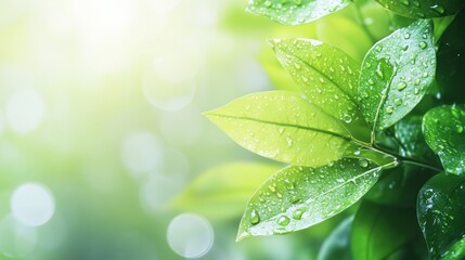 Poster - Lush green leaves adorned with glistening water droplets reflect freshness in a beautiful natural environment under bright daylight. Generative AI