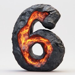 3D number 6 with volcano lava texture realistic modern design, soft lighting, white background