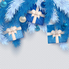 Wall Mural - Blue and silver Christmas-themed arrangement with gift boxes tied in white ribbons, a striped candy canes, baubles, confetti and pine  branches as a frame on transparent background with blank space