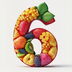 3D number 6 with fruit texture realistic modern design, soft lighting, white background