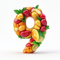 3D number 9 with fruit texture realistic modern design, soft lighting, white background