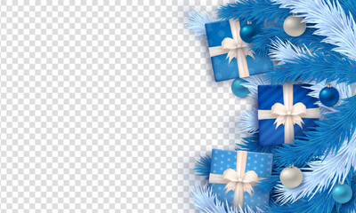 Wall Mural - Blue 3d gift boxes with bows, glossy confetti, striped candy cane and frosted pine branches on a transparent background with copy space for Christmas and New Year . Festive winter holiday design.