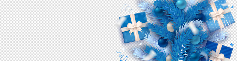 Wall Mural - Blue 3d gift boxes with bow, silver confetti, striped candy cane and frosted pine branches on transparent background with copy space for Christmas and New Year. Festive winter holiday panoramic banner