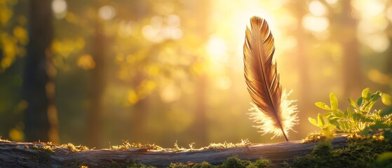  A tight shot of a bird feather atop a forest log, sunlight filtering through trees