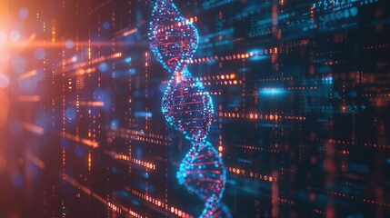 A 3D-rendered DNA strand displays vibrant colors while digital data streams and binary codes flow through a high-tech environment. Generative AI