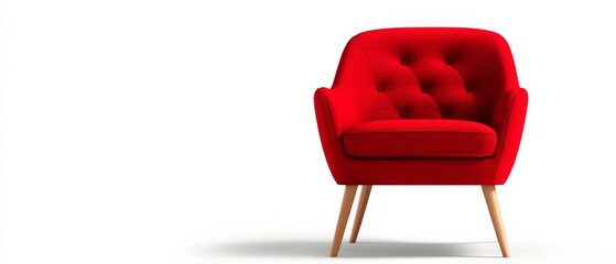  A red chair atop a white floor Nearby, a wooden leg chair with a red cushion